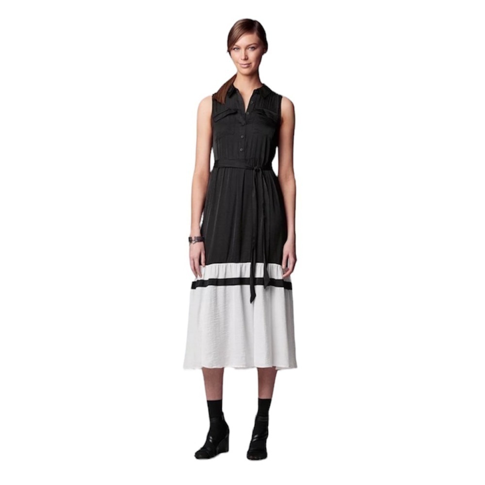 Simply Vera Wang Womens Black White Sleeveless Button Midi Shirt Dress Sz M New